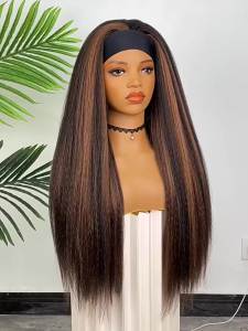 28-inch synthetic Yaki straight wig and black headband African wig turban headband chemical fiber long straight hair headgear