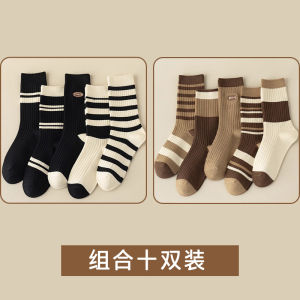 Womens Mid-Calf Socks Stripe Pattern Absorb Sweat Anti-Odor No-Cuff Long Socks Winter Warm Cotton Polyester Blend Comfortable