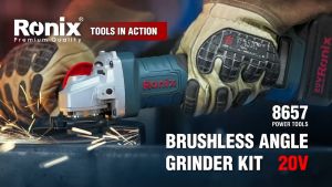 Ronix Tools 8657 Premium Quality German Technology | 20V Brushless Cordless Angle Grinder Kit 8500 RPM 125mm Disc 4000mAh Lithium Battery Kickback Brake No-Volt Release AFT Safety 2 Batteries Charger Side Handle Protect Guard Spanner | Power
