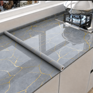 Heat-Resistant Oil-Proof Marble-Pattern Kitchen Sticker With Gold Foil Accent Suitable For Cabinet Dining Table And Stovetop.