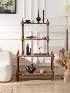 French Vintage Multi-Layer Storage Rack Display Stand for Living Room Small Space Solid Wood Floor-Mounted Shelf Organizer