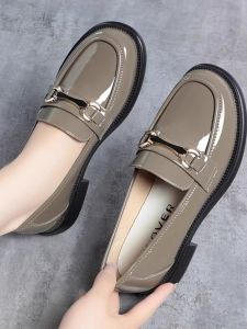 British Style Shiny Leather Womens Slip-On Shoes Soft Bottom Anti-Slip Versatile Fashionable round Toe mid Heel Rubber Outsole