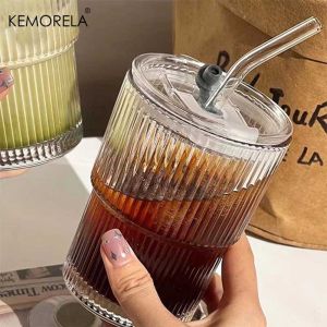 1/2PCS 380ml Stripe Glass Cup Transparent Glasses With Lid and Straw Ice Coffee Mug Tea Cup Juice Glass Milk Water Cup Drinkware