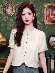New Chinese Style Lace Chiffon Shirt Womens Summer Retro Embroider Chinese Knot Button Top Puff Sleeves O-neck Short Small Shirt