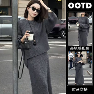 Grey Short Sleeve round Neck Set for Women plus Size High Waist Slimming Skirt Casual Commute Style Spring Collection