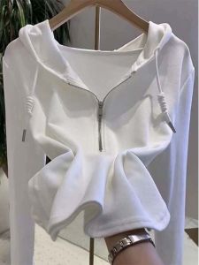 เสื้อฮู้ดมีซิปครึ่งตัวสีขาวสำหรับผู้หญิง ฤดูใบไม้ร่วง 2024 สไตล์เกาหลี ทรงหลวม แขนยาว ปกติ ไม่ซ้ำใคร ทรงสั้น เสื้อผ้าทำงาน