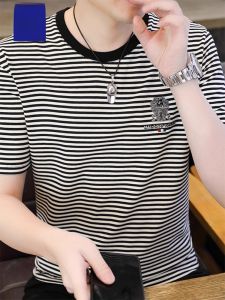 ROMON | Lormen Mens Stripe Short Sleeve T-Shirt Summer Thin Fashion Loose Casual Ice Silk Top Youth Modern Round Neck Clothing