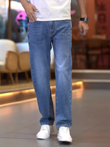 Hanlu กางเกงยีนส์ขาตรงทรงหลวมสำหรับผู้ชายกางเกงลำลองผ้ายืดใส่ได้ทุกวัน