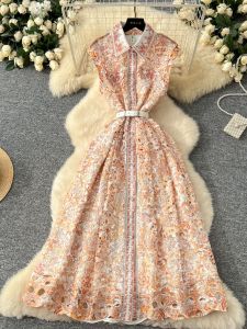 Elegant French Style Sleeveless Floral Print Dress Polo Collar Hollow out Design Ladylike Long Skirt for Women Spring Commute