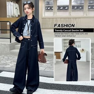 MPW | Trendy Girls Denim Set Wide Leg Pants Jacket Two Piece Suit Spring Autumn Children Fashionable Outfit Cool Style Kids Clothes