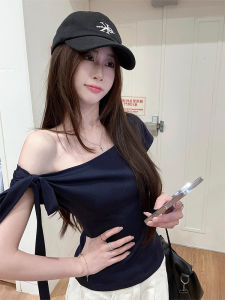 Elegant Butterfly Knot T-Shirt Womens Slim Fit Short Shoulder Summer Vintage Striped Side Cut out Top Korean Style Commute