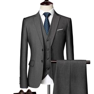 (Jacket + Vest + Pants) Mens Suit Three-piece Suit  Solid Color Slim-fit Boutique Business Wedding Fashion Mens Clothing Suit Set1