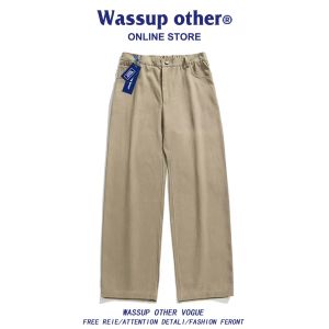 Men Casual Khaki Cotton Loose Straight Wide Leg Trousers