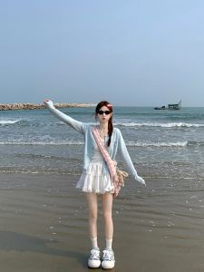 ถักสไตล์บัลเล่ต์ คาร์ดิเกน ผู้หญิง ฤดูใบไม้ผลิ แฟชั่นปมผีเสื้อ นุ่ม สีฟ้า สไตล์เกาหลี แขนยาว เสื้อสเวตเตอร์ เสื้อโค้ท