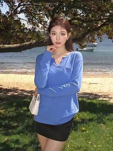 YUEZHONGWEI | Áo Thun Dài Tay Cổ V Có túi Phụ Nữ Mùa Hè Mỏng Cardigan Thời Trang