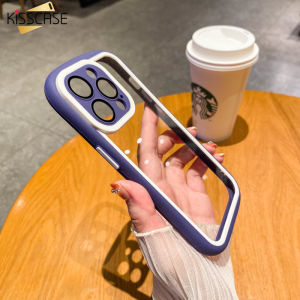 【With Lens Film】KISSCASE Cute Bicolor Small Waist Case For Apple iPhone 14 Pro Ma 13 12 11 PC Circular Lens Frame Protection Soft Sillicone Edge Shockproof Back Cover Phone Case