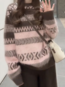 YUEZHONGWEI | Vintage Nordic Fair Isle Pink Pullover Warm Knitwear