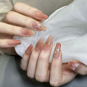 Medium long fake nails for women gilrs gradient nude brown with golden strips butterfly design full cover press on false nail