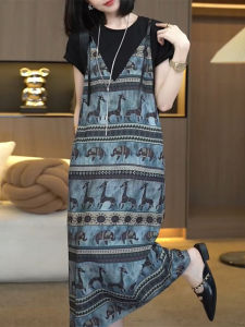 Shalldoer | Elegant A-Line Midi Dress Womens Summer Fashion Retro Loose Slimming Classy Dress Casual Print Natural Waist Short Sleeve