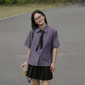 Bubu Greyish Purple Preppy Style Short Sleeve Niche Style Shirt Loose Versatile Casual Slim-Fit Thin Shirt Free Tie