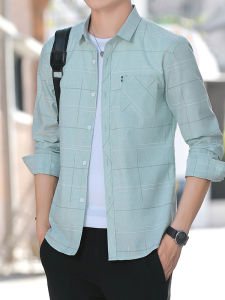 เสื้อเชิ้ตแขนยาวผู้ชายผ้าไหมน้ำแข็งใหม่ 2025 ฤดูร้อนบาง แฟชั่นเกาหลี สำหรับผู้ชาย ไม่ต้องรีด ผ้าฝ้ายโพลีเอสเตอร์