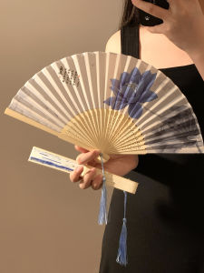 Portable Folding Fan Water-Moon Lotus Retro Chinese Dance Photography Flag Robe Fan Bamboo Sturdy Handheld Summer Cooling Fan