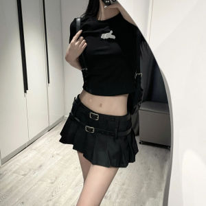 กระโปรงสั้นจีบเอวสูงสไตล์อเมริกันสำหรับผู้หญิงไซส์ใหญ่ ดีไซน์เก๋ไก๋ กระโปรงสั้นทรงเอป้องกันแสง กระโปรงสั้นสีดำ