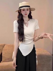 Áo Thun Cotton Tay Ngắn Mùa Hè Mới Pure Cotton Design Sense Uneven Hem Pure Cotton Short Sleeve T-Shirt Slim Fit Slimming Top