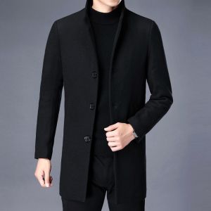 Lormen Mens Woolen Coat Winter Thickened Medium Length Casual Business Suit Jacket Polyester Wool Blend Single Button Closure