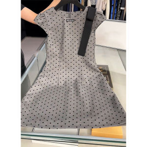 Elegant Grey Polka Dot Dress Chic Fragrance Style Summer Slimming Short Sleeve High Waist A-Line Skirt Single Piece Tea Break Dress