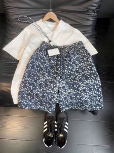 American Fashion Tie-Dye All-Over Star Printed Cleanfit Washed Denim Shorts