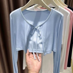 Blue Modal Wrap Shoulder Baring Short Cardigan Thin Womens Summer Sunscreen Outerwear Stylish Commute Slim Fit Long Sleeve