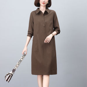 Spring Long Sleeve Womens Dress Stylish Casual Loose Waist Polyester Fiber A-Line Skirt Single Button Closure Comfortable Dress