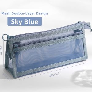 Portable Dual Layer Large Capacity Transparent Mesh Exam Pencil Case