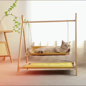 Wooden Triangle Double Deck Cat Hck Swing Bed Detachable Washable Canvas Cat Bed Four Seasons Universal Elevated Cat Sleeping Bed