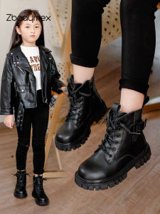 Martin Boots for Girls Fall and Winter Kids Black Leather Boots Fleece-lined Thin Cotton Short Boots Heattech British Style Western Style Boys Boots