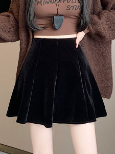Black Thickened Velvet A-Line Mini Skirt Womens Autumn Winter Versatile High Waist Slimming Anti-Light Short Skirt