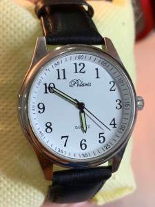 Đồng hồ nam POLARIS QUARTZ size 37mm mặt trắng cọc số học trò máy Nhật Epson của Seiko nguyên nilon mặt đáy dây da xịn còn tốt