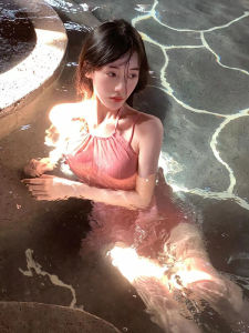 Womens One-Piece Swimsuit Pink Pure Desire INS Style Neck Hanging Belly Covering Slimming plus Size Casual Swimwear