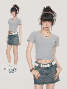 BAIDAIFEI | American Style Short Grey T-Shirt Slim Fit Innerwear Cotton