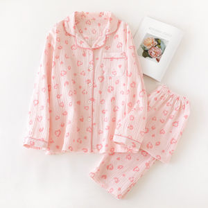 ชุดนอนผู้หญิงแขนยาวคอตตอนแท้ลายหัวใจ ชุดนอนฤดูร้อนบาง ชุดนอนฤดูใบไม้ผลิฤดูใบไม้ร่วง ชุดนอนฤดูใบไม้ร่วงสำหรับกลางแจ้ง ชุดนอนผู้หญิง