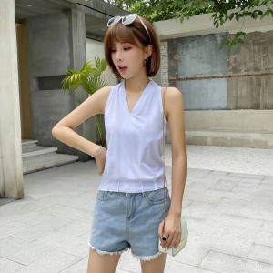 2024 Sleeveless Halter off-the-Shoulder Top Womens V Neck Temperament Camisole Pure Cotton Figure Flattering Camisole Outer Wear Bottoming Shirt