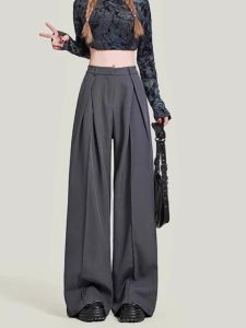 High Waist Wide Leg Suit Pants Womens Casual Drapey Pleated Slimming Pear Shape Floor Length Loose Fit Trousers