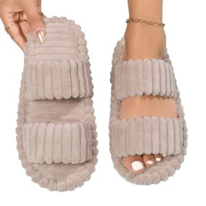 Double Straps Slippers for Women Cross Band Open Toe Memory Foam Floor Shoes for House Home Cozy Non Slip Corduroy Cotton Slip
