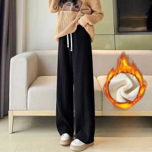 LANGPIN | Thickened Fleece Wide Leg Pants Women High Waist Straight Cut Loose Fit Fall Winter Warm Slimming Sports Trousers Banana Pants