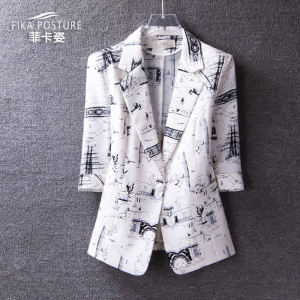 เสื้อสูทแขนสั้นพิมพ์ลายแฟชั่นสำหรับผู้หญิง สไตล์ฤดูใบไม้ผลิและฤดูร้อน เสื้อคลุมกันหนาวแบบบาง ทรงสลิมฟิต ทรงเข้ารูป เสื้อสูทสั้น