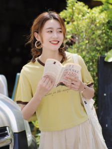 Hua Ji B432 Yellow Loose Color Block round Neck Short Sleeve T-Shirt Womens Summer Casual Cotton Polyester Blend Top