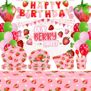 Cute Strawberry Theme Birthday Party Tableware Set for Disposable Plate Cup Fruit Latex Balloon Backdrop Kid Girl Party Supplies