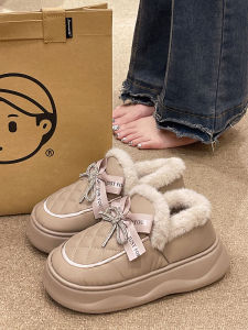 Fashion Rhinestone Bows Cotton Slippers Womens Winter Indoor and Outdoor Fleece Lined Padded Warm Keeping Water-Proof Bag Heel Cotton-Padded Shoes