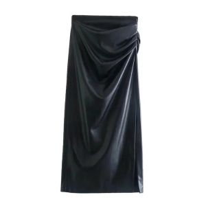 Rok Solid Lipit Rok Kulit Sintetis Rok Wanita Antik 2023 Rok Midi Kulit Split Kiri Ketat Pinggang Tinggi Rok Serut Highwaist Bawahan Wanita Ramping